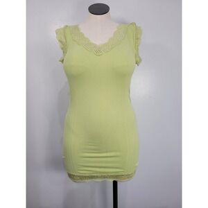 Studio Y Womens Lime Green Crochet Lace Trim V-Neck Ribbed Dress Tank Top Large